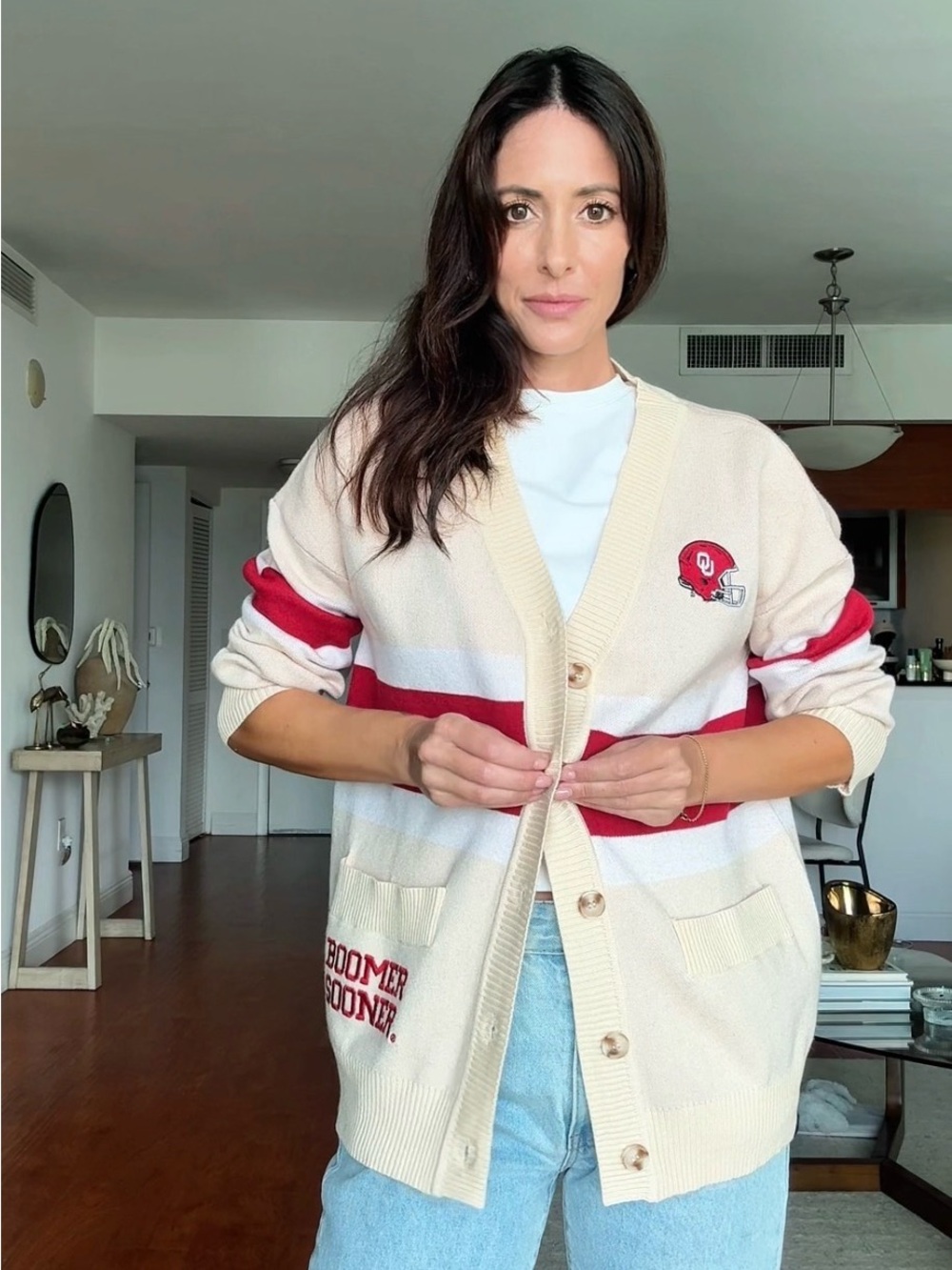 Cream and Red Striped V-Neck Team Cardigan